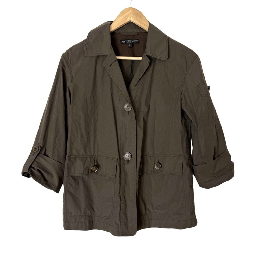 Lafayette 148 NY Shirt Jacket Size P (XS 0-2) Brown Buttons Pockets Luxury Work